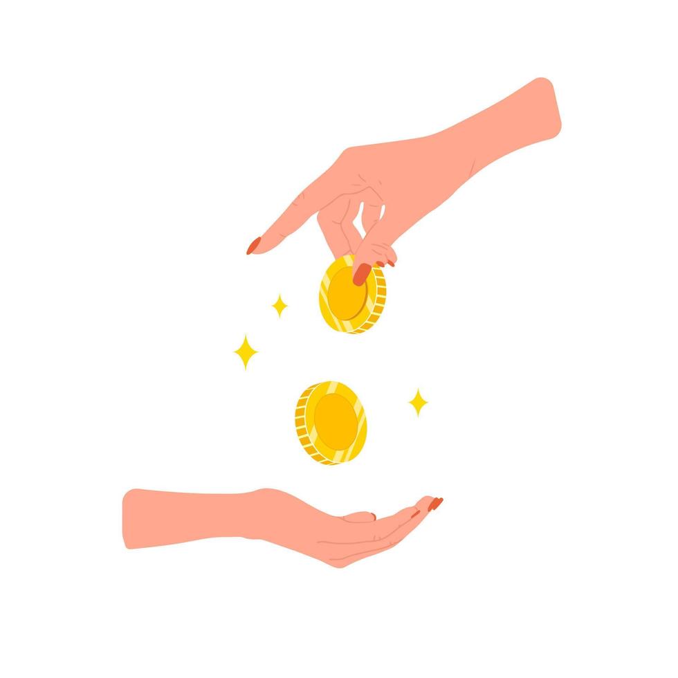 Transfer money. Female hand giving golden coins. Donation, charity or payday concept. Financial symbol. Banking or business services. Vector illustration in flat cartoon style