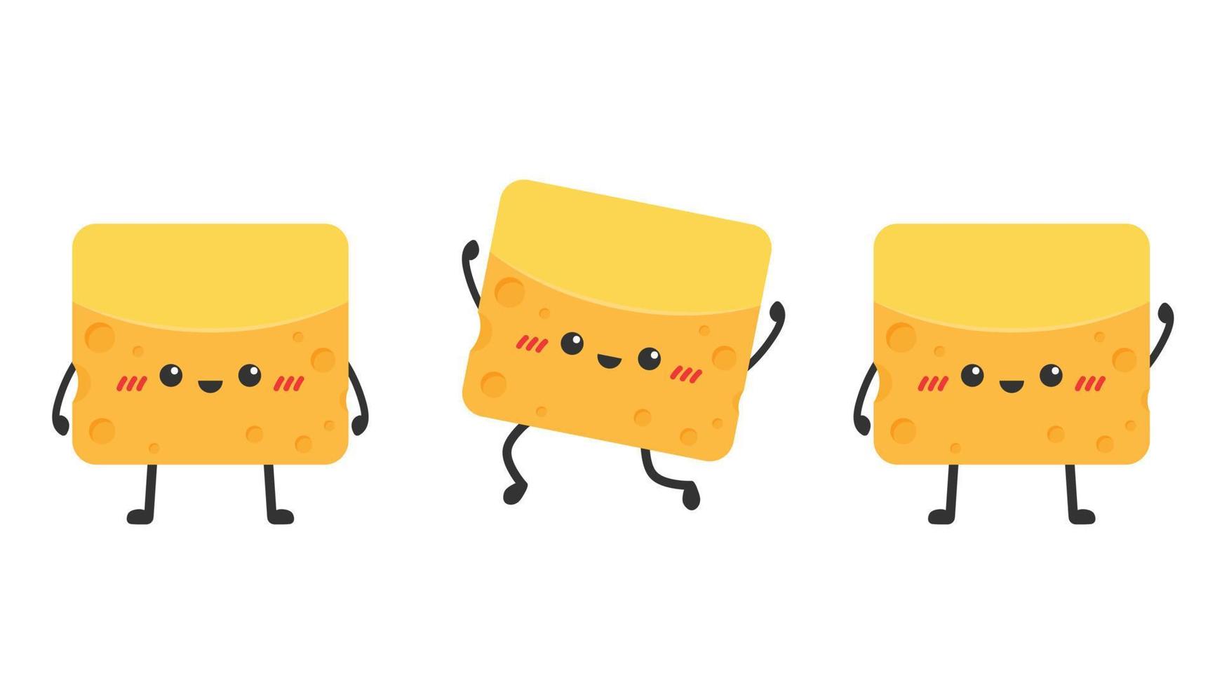 Cute happy cheese character. Funny food emoticon in flat style. Dairy emoji vector illustration.