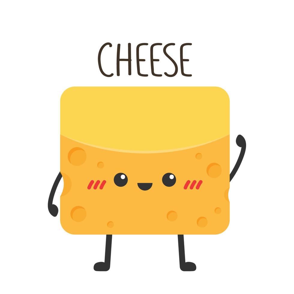 Cute happy cheese character. Funny food emoticon in flat style. Dairy emoji vector illustration.
