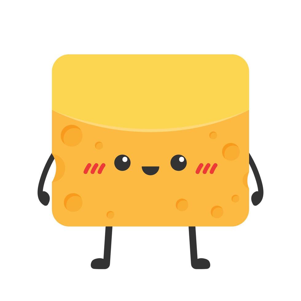 Cute happy cheese character. Funny food emoticon in flat style. Dairy emoji vector illustration.