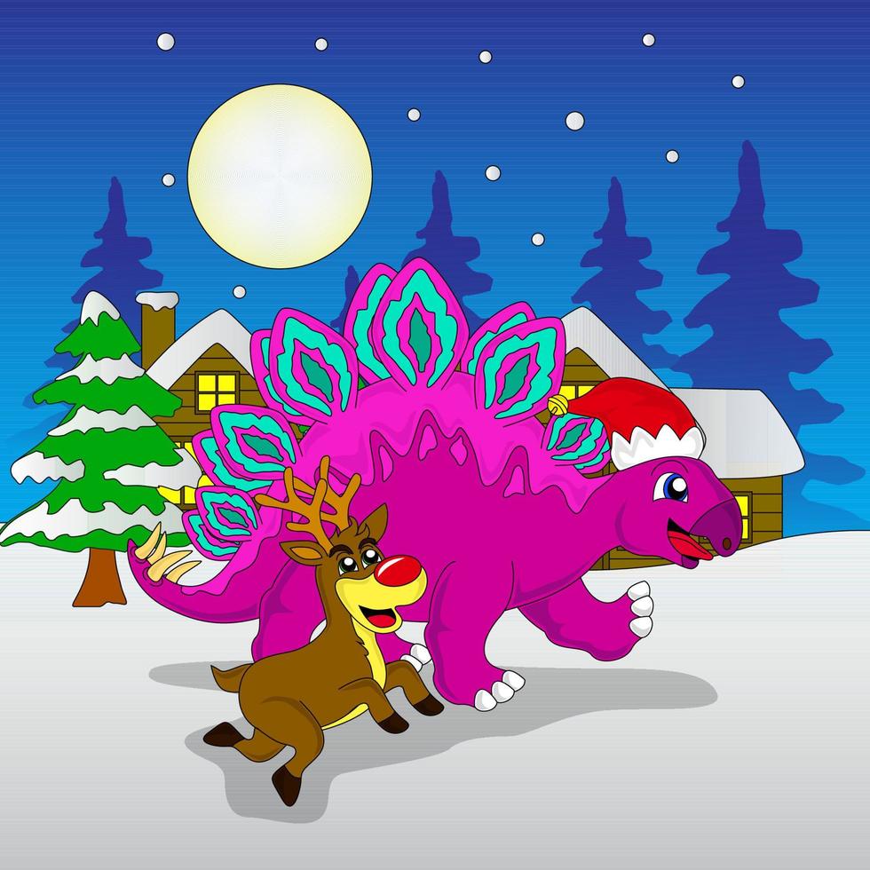 walking dinosaur enjoying christmas eve with reindeer, snow, fir trees, vector, eps 10, editable vector