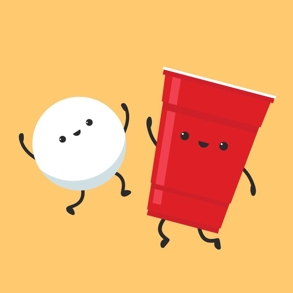 Plastic cups vector. Red Beer Pong plastic cups with ball. Traditional drinking game vector illustration.