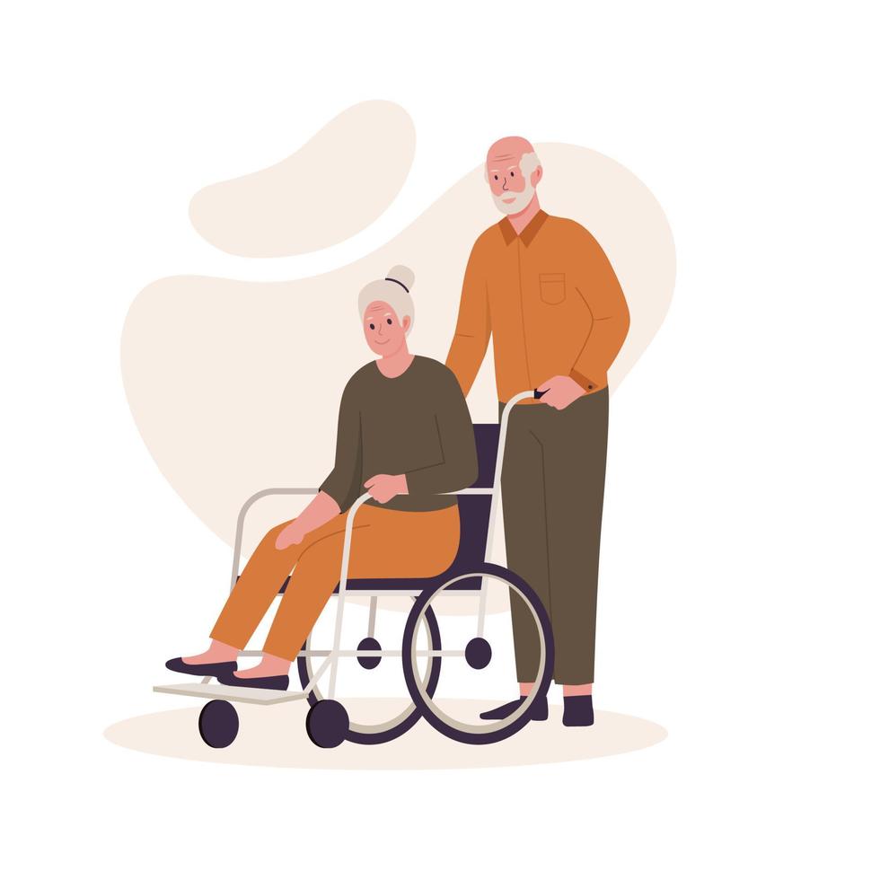 Grandpa pushing grandma's wheelchair vector concept. Illustrations for ...