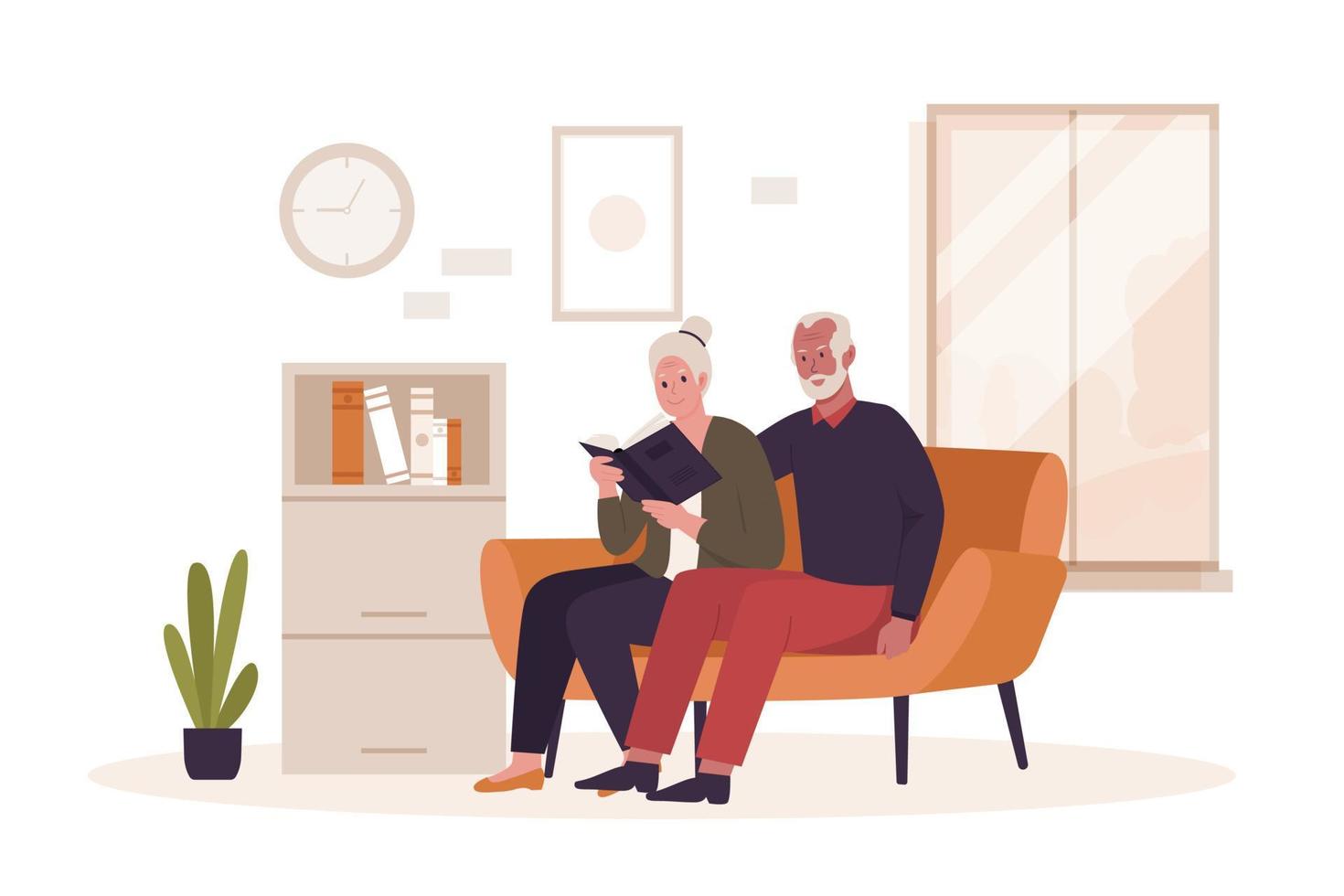 abuelo y abuela leyendo un libro en el sofá. ilustraciones para sitios web, páginas de inicio, aplicaciones móviles, carteles y pancartas. ilustración de vector plano de moda