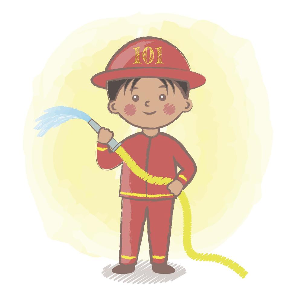 Ilustración de vector de bombero de niño. bombero con manguera contra incendios. día de la carrera en el jardín de infantes. bombero aislado ilustración vectorial. personaje de niño plano. niño bombero.