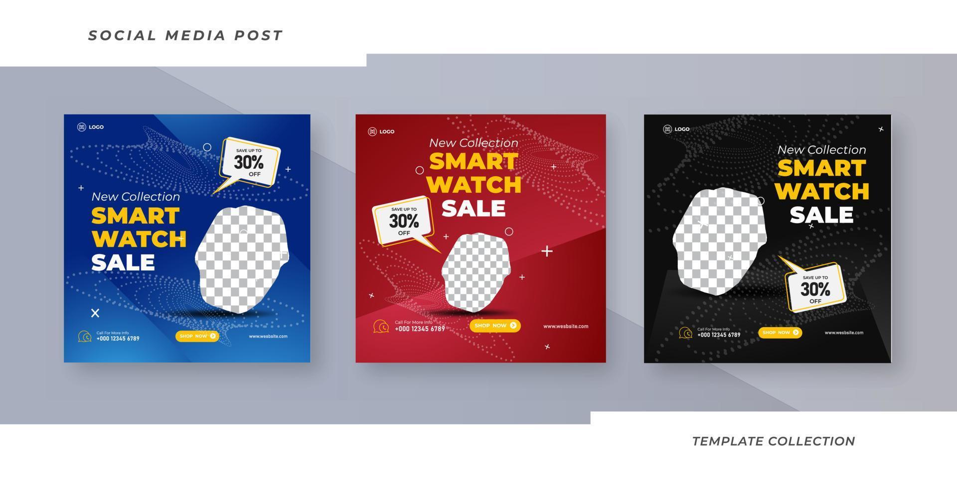 Smart watch product sale collection set social media post square web banner template Pro Vector