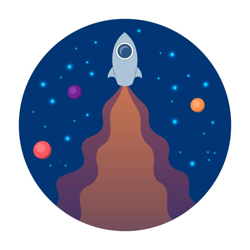 Rocket launch. Spaceship flies into space. Rocket in space vector illustration. Planets and stars. Rocket simple round illustration.