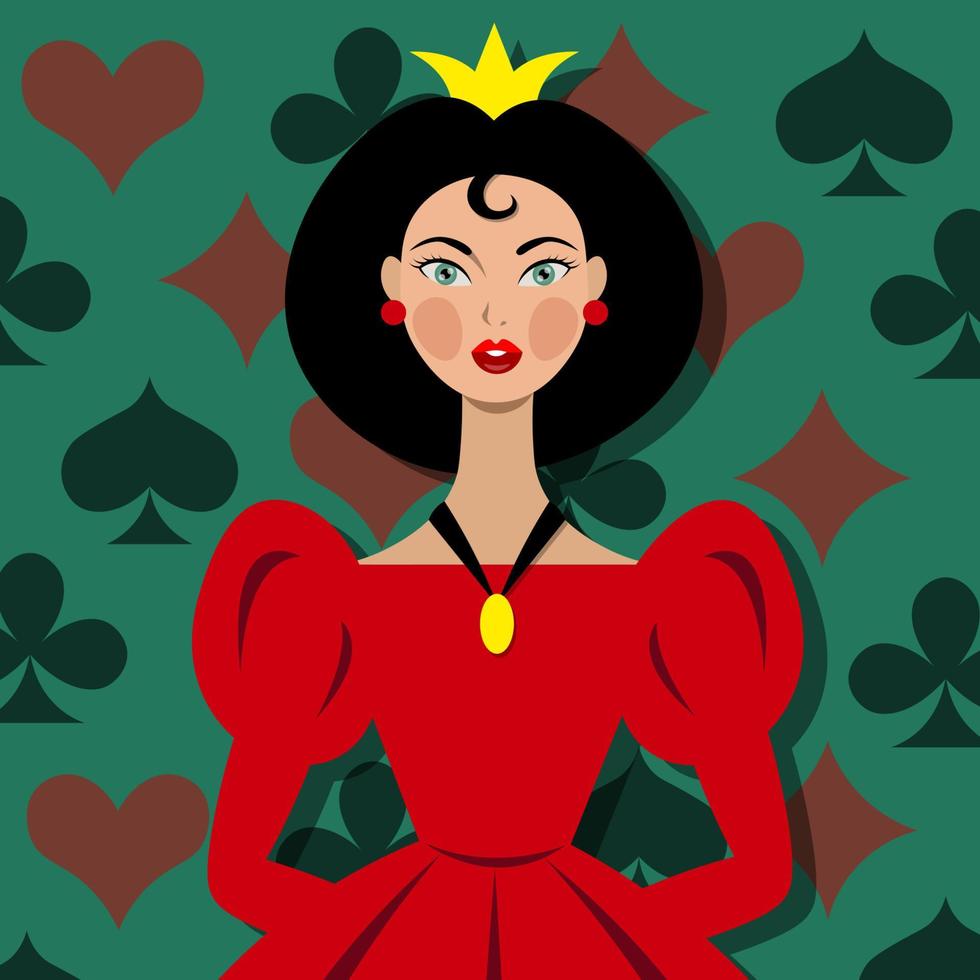 Queen with crown and red dress. Playing cards vector illustration. Playing cards queen. Clubs, diamonds, hearts and spades. Gambling addiction symbols. Red, green and black colors. Royal princess.