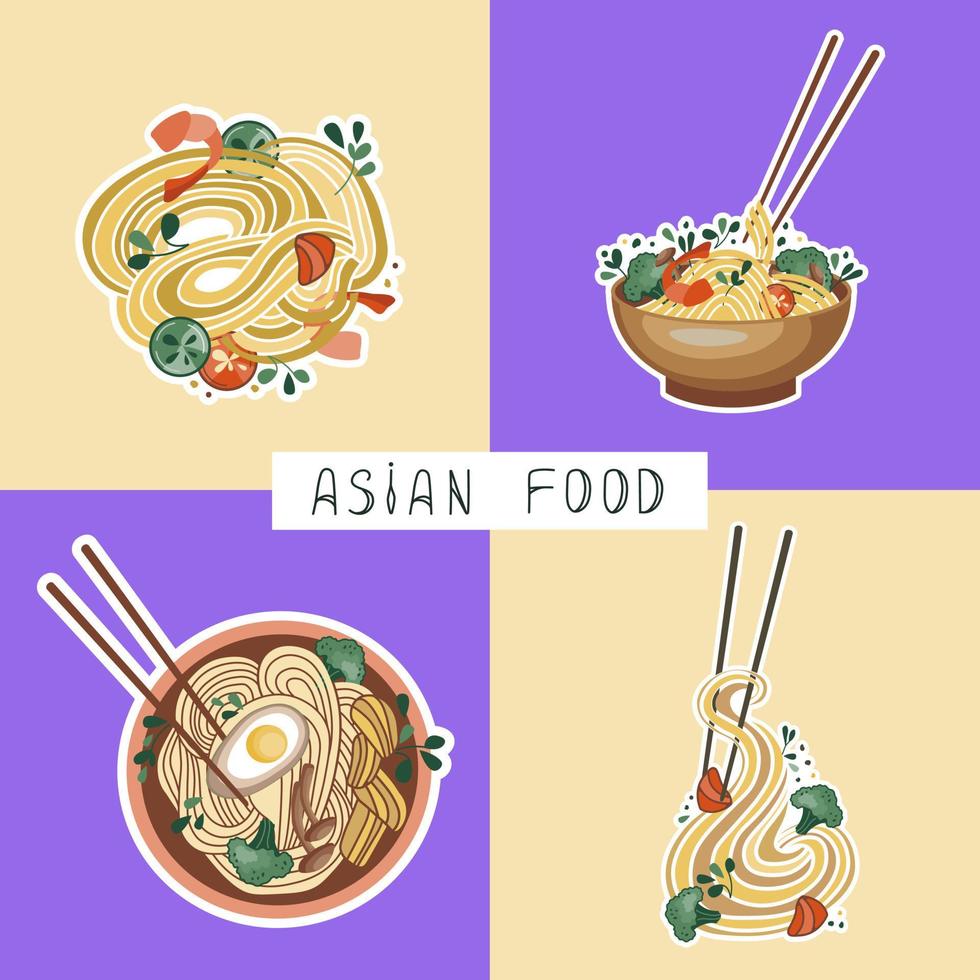 SimilarAsian food stickers. Udon or ramen soup. Noodles and rice with seafood. Suitable for restaurant banners, logos, and fast food advertisements. Korean or Chinese food. vector