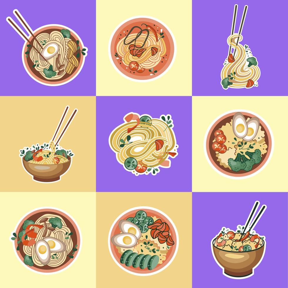 Asian food stickers. Udon or ramen soup. Noodles and rice with seafood. Suitable for restaurant banners, logos, and fast food advertisements. Korean or Chinese food. vector