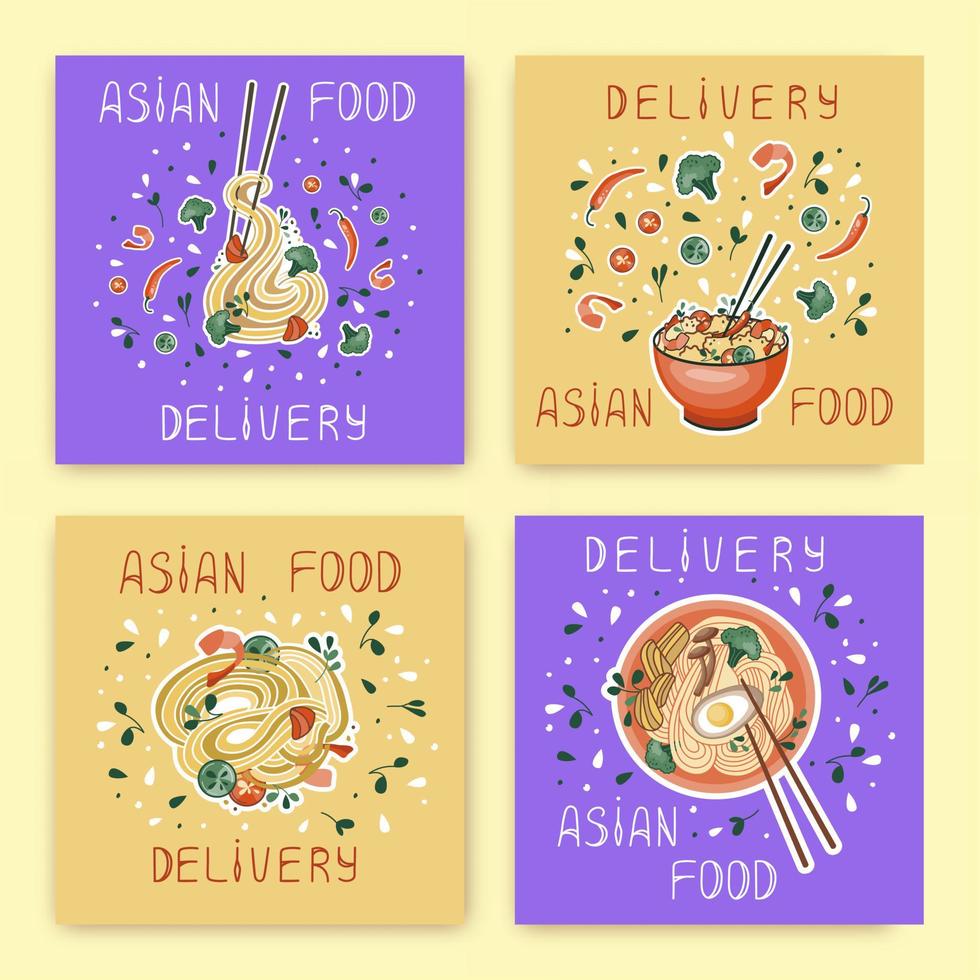 entrega de comida asiática. comida coreana o china. Tarjeta de descuento. adecuado para pancartas de restaurantes y anuncios de comida rápida. vector