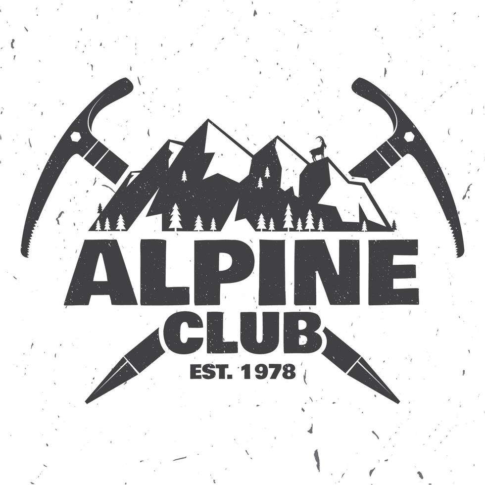 Vintage typography design with ice axe, rock climbing Goats and mountain silhouette. vector