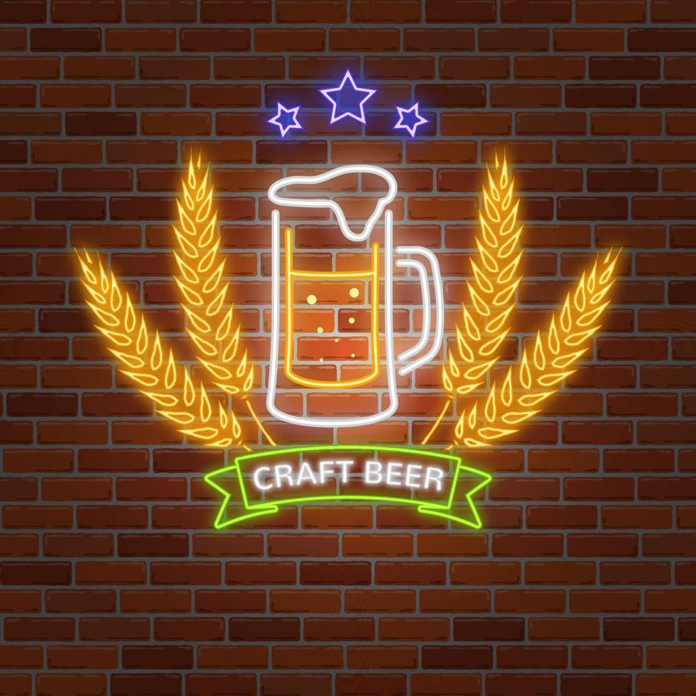 Retro neon Beer Bar sign on brick wall background. vector