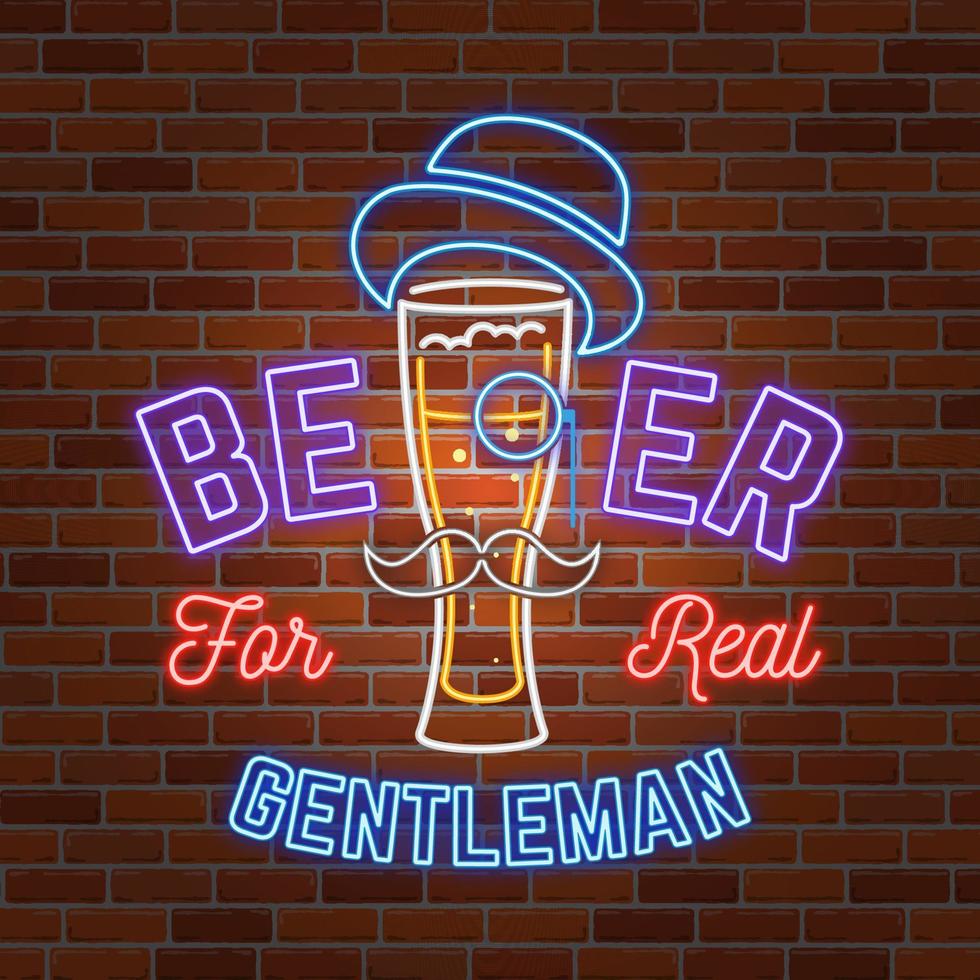Retro neon Beer Bar sign on brick wall background. vector