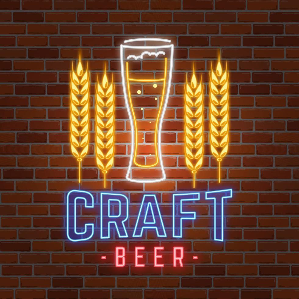 Retro neon Beer Bar sign on brick wall background. vector