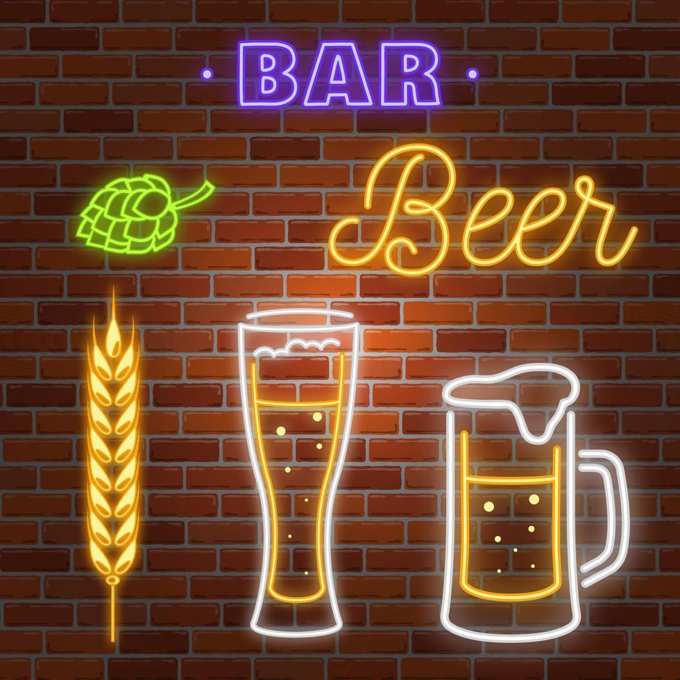 Retro neon Beer Bar sign on brick wall background. vector