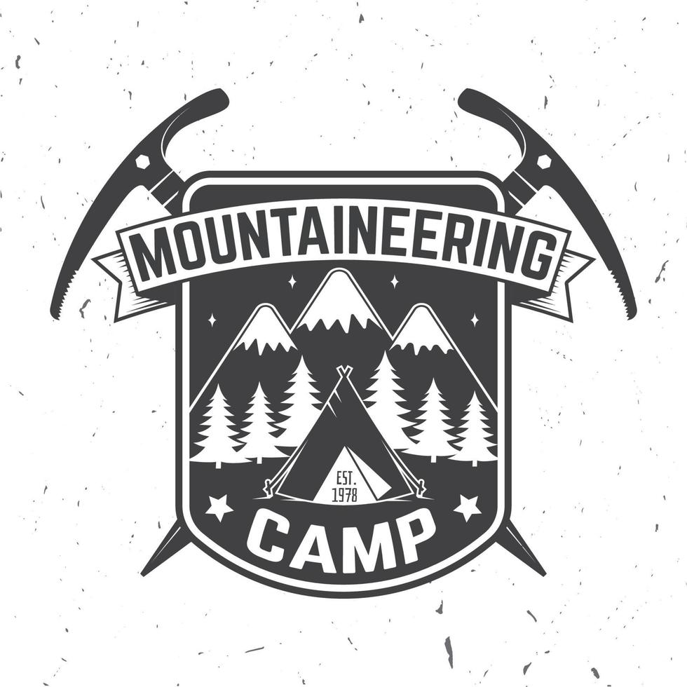 Vintage typography design with ice ax and mountain silhouette. vector