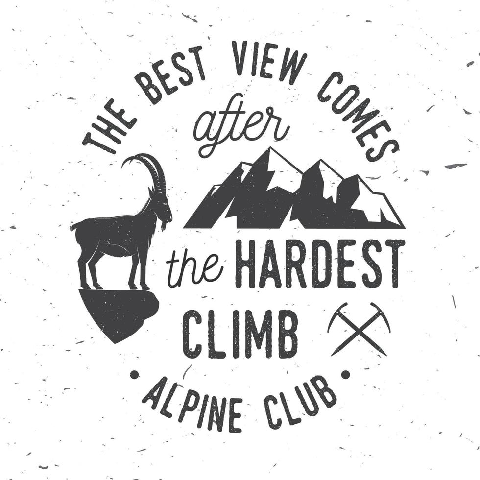 Vintage typography design with ice axe, rock climbing Goat and mountain silhouette. vector