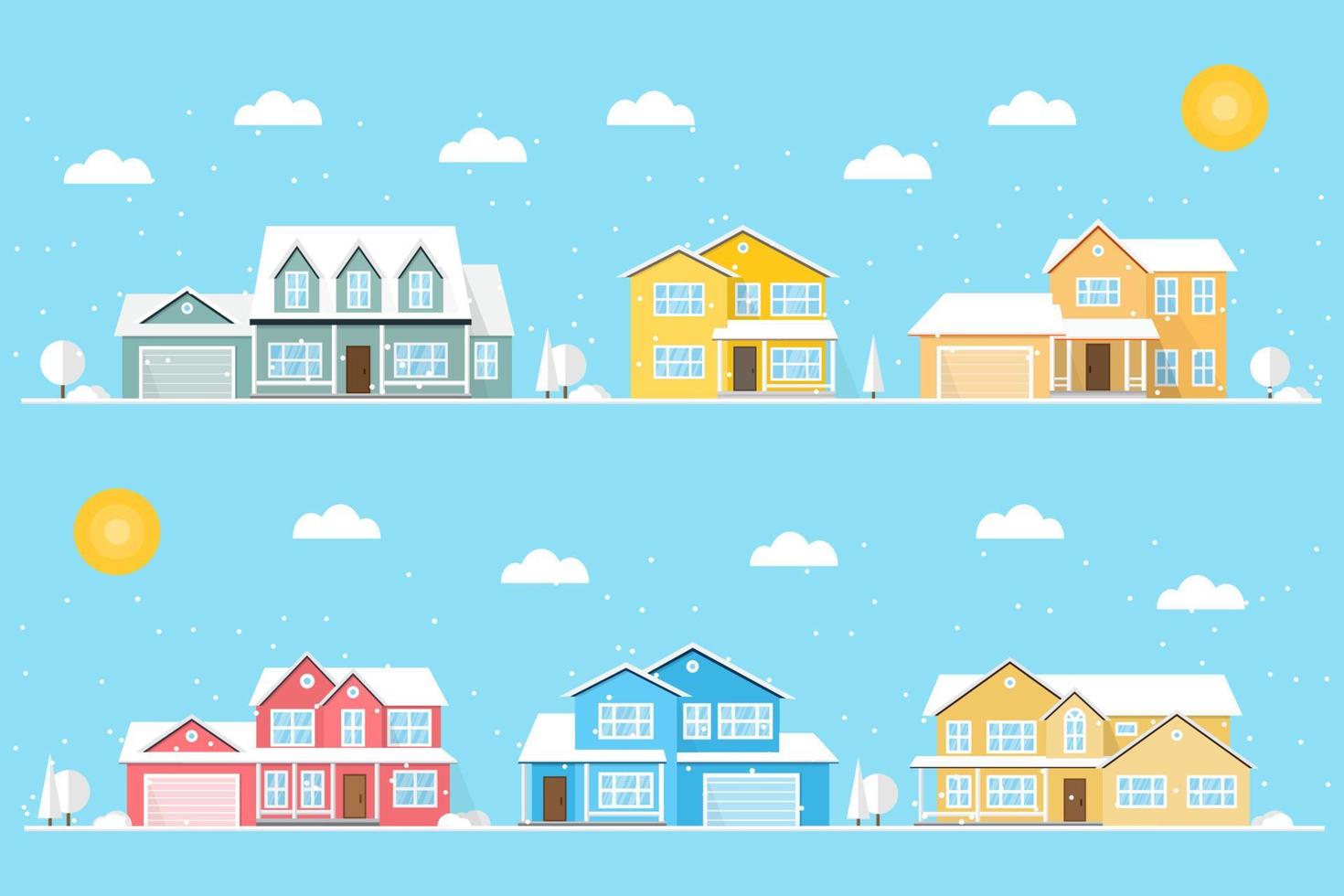 barrio con casas y copos de nieve ilustrados en el fondo azul. vector