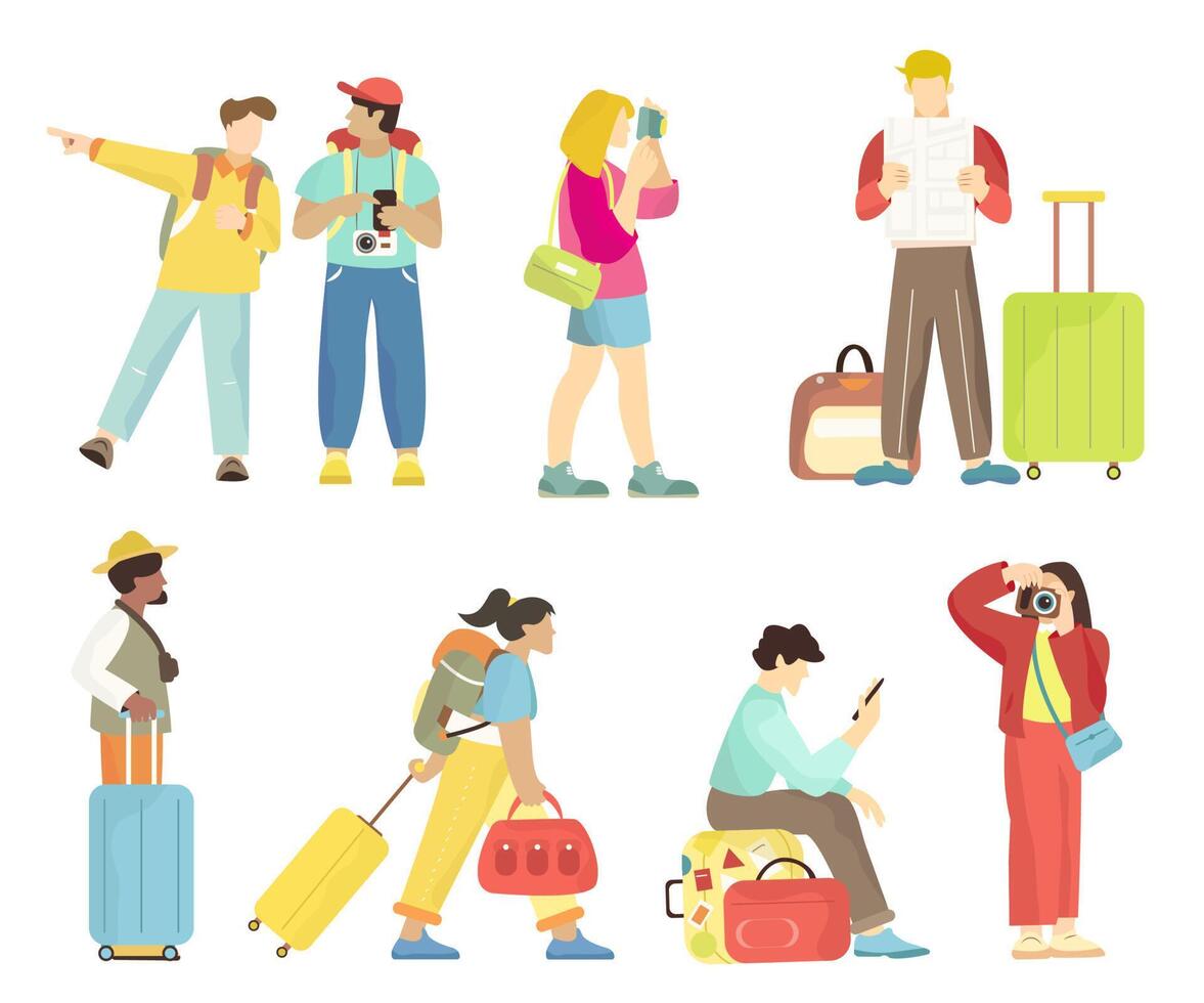 illustration of traveling people with accessories, cameras and suitcases. Tourist characters. vector