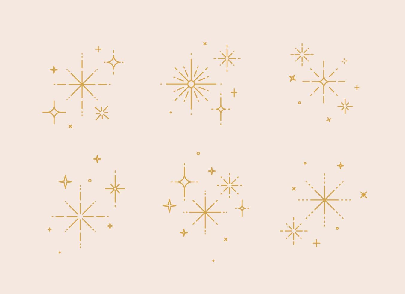 Clink splashes, stars, glowing in flat line art deco style drawing on beige background vector