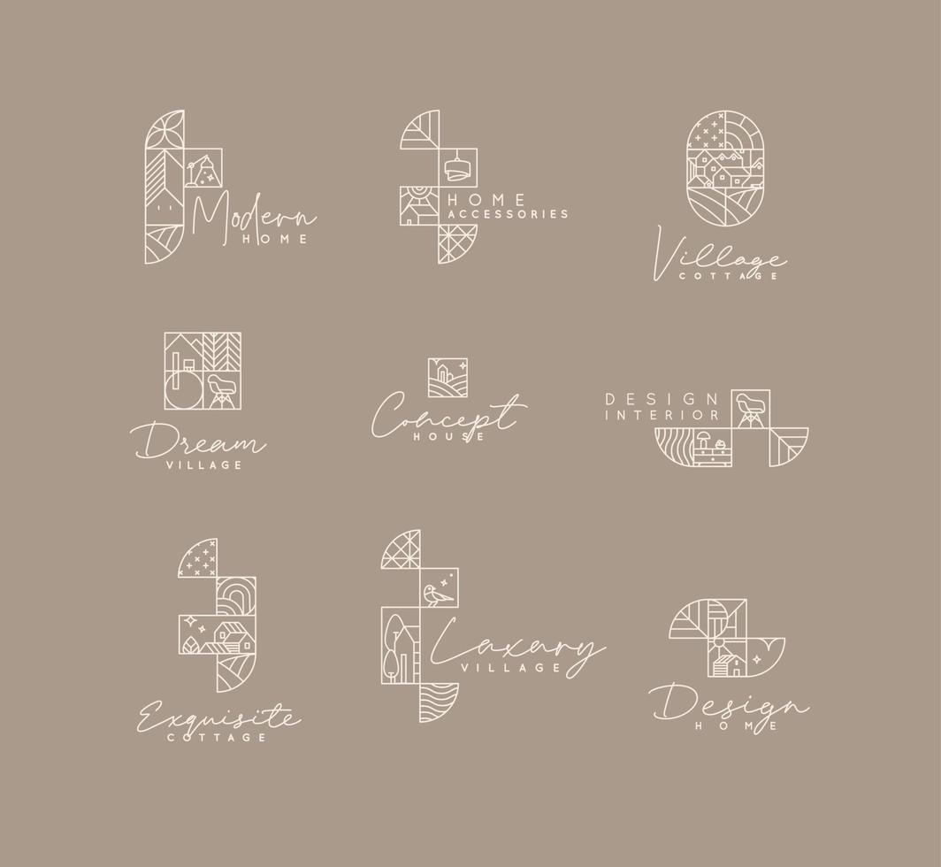 Set of creative modern art deco labels in flat line style drawing on coffee background. vector