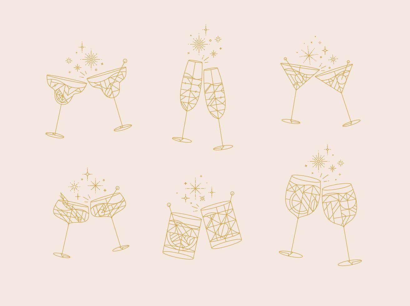 Cocktail glasses cheers for prosecco, wine, whiskey, vermouth, gin, martini, aperol, margarita in modern flat line style vector