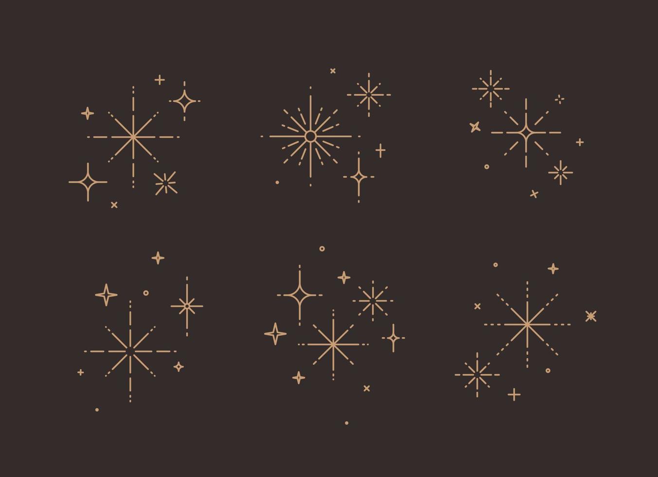 Clink splashes, stars, glowing in flat line art deco style drawing on brown background vector