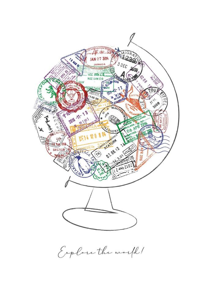 globo hecho con sellos de pasaporte de diferentes países con letras explorar el mundo vector