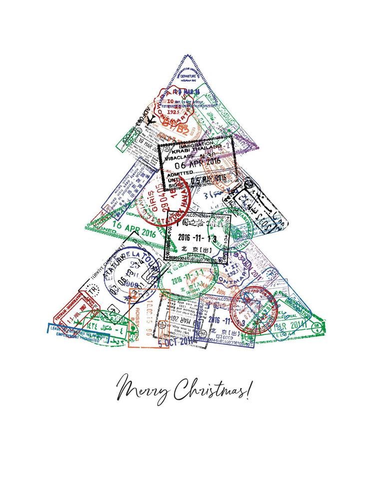 Christmas Tree made from a passport stamps different countries vector