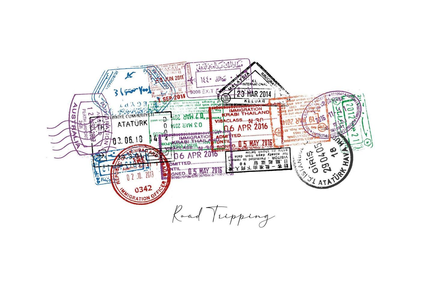 Car made from a passport stamps different countries with lettering road tripping vector