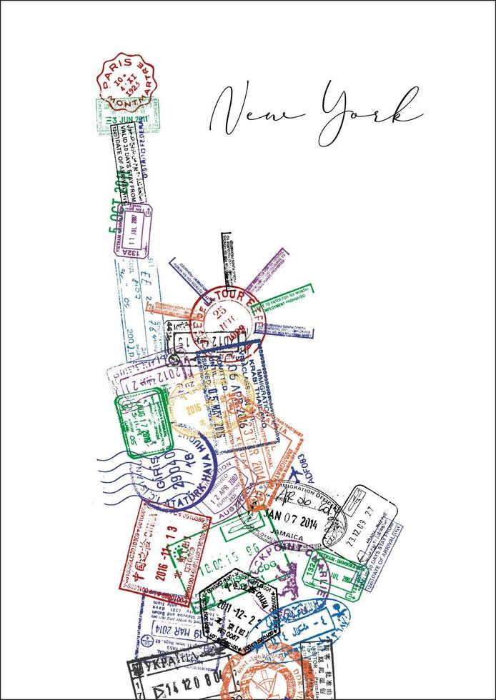 Statue of liberty made from a passport stamps different countries with lettering New York vector