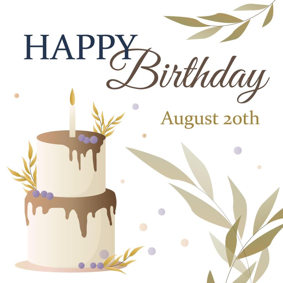 Birthday card with cake, flowers, candles and wishing. cartoon ...