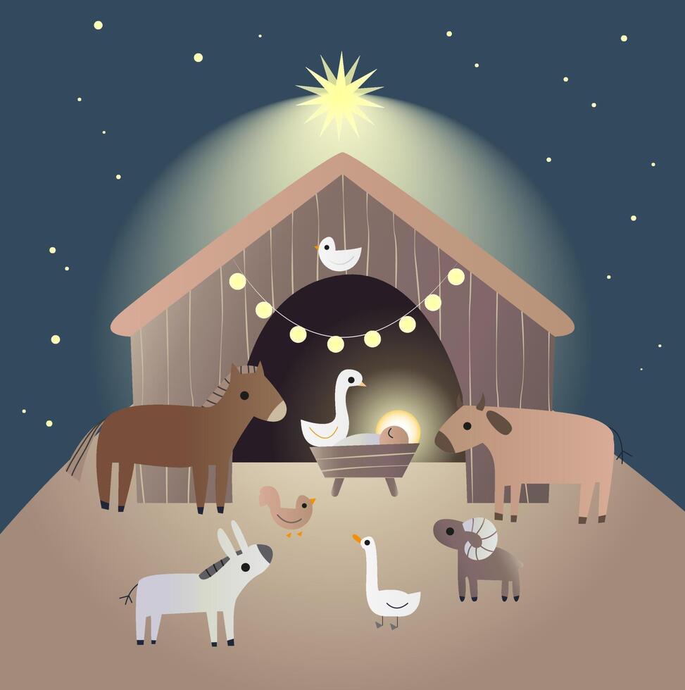 A Christmas nativity scene cartoon, with baby Jesus, in the manger with animals. Christian religious illustration. vector