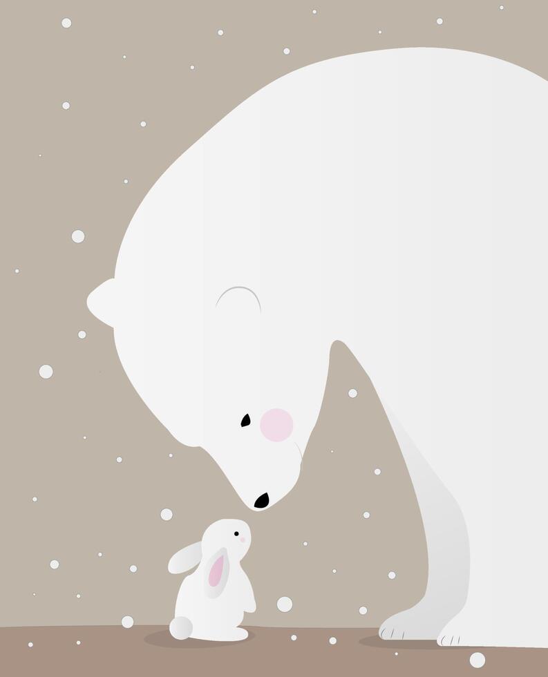 polar bear and white bunny. cute winter illustration vector