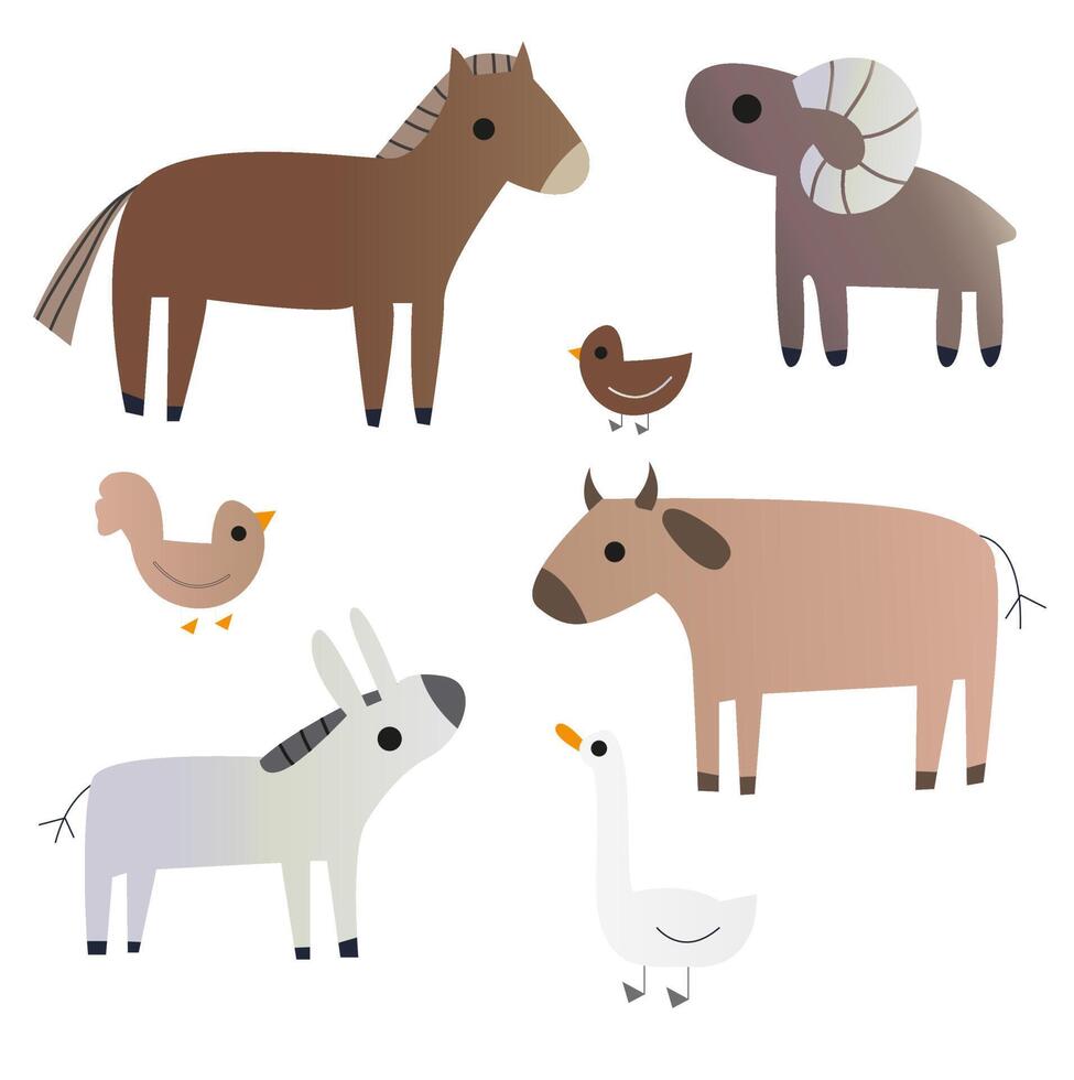 A set of animals with a farm in a cartoon style. Flat vector illustration isolated on white background