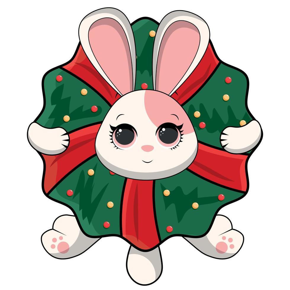 Year of rabbit. Christmas bunny in santa hat with lollypop. Chinese New year 2023 symbol. Vector illustration in cartoon style. Design element for greeting cards, holiday banner, decor.