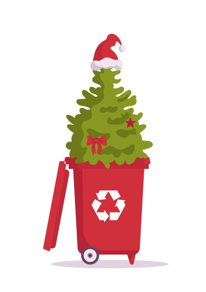 Christmas tree in a bin with a recycling sign. Post-holiday cleaning. Environmentally friendly, green holidays, reasonable consumption. For stickers, posters, postcards, design elements vector