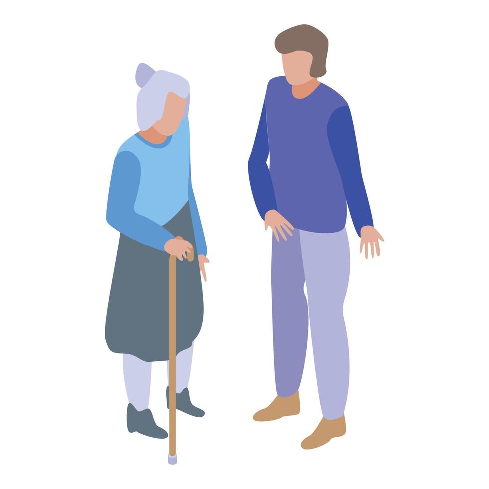 Volunteer help grandmother icon, isometric style vector