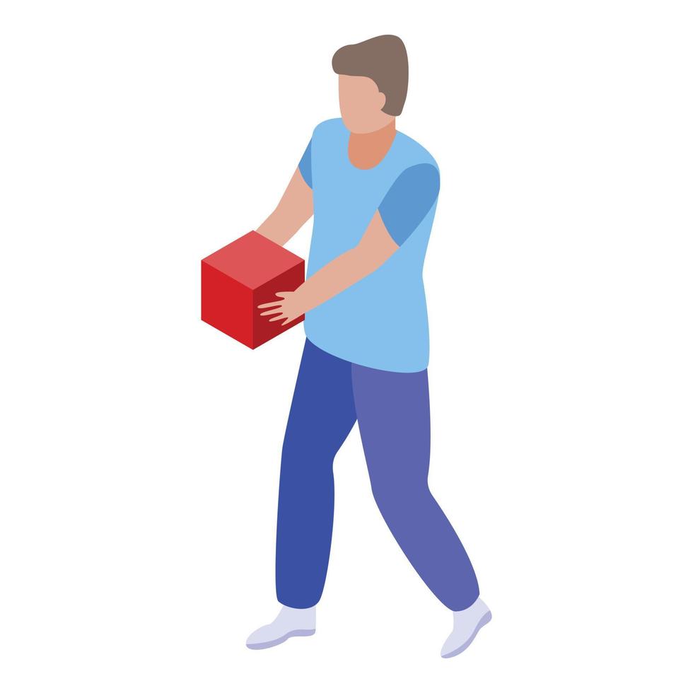 Man take red cube icon, isometric style vector
