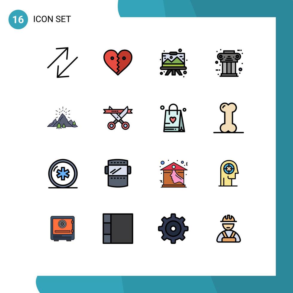 16 Universal Flat Color Filled Lines Set for Web and Mobile Applications history ancient designing pillar painting Editable Creative Vector Design Elements