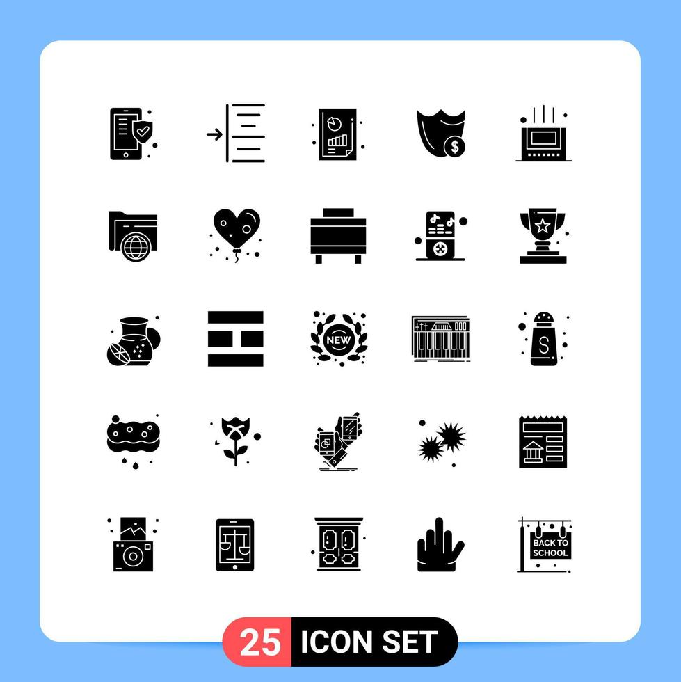 Set of 25 Commercial Solid Glyphs pack for bath security financial performance secure guard Editable Vector Design Elements