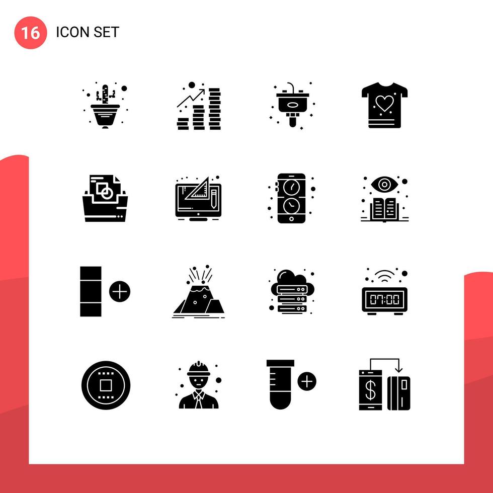 Mobile Interface Solid Glyph Set of 16 Pictograms of file folder document disposal love gym Editable Vector Design Elements