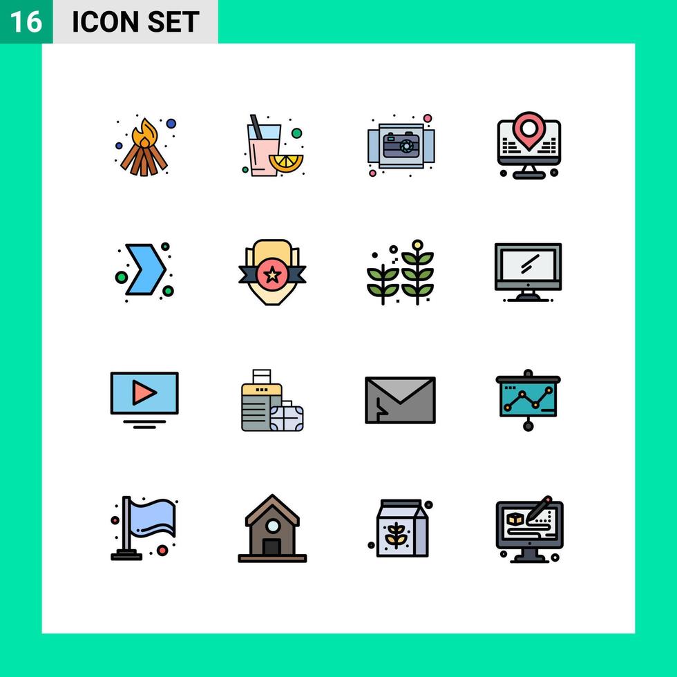 Modern Set of 16 Flat Color Filled Lines and symbols such as multimedia arrow ecommerce map internet Editable Creative Vector Design Elements
