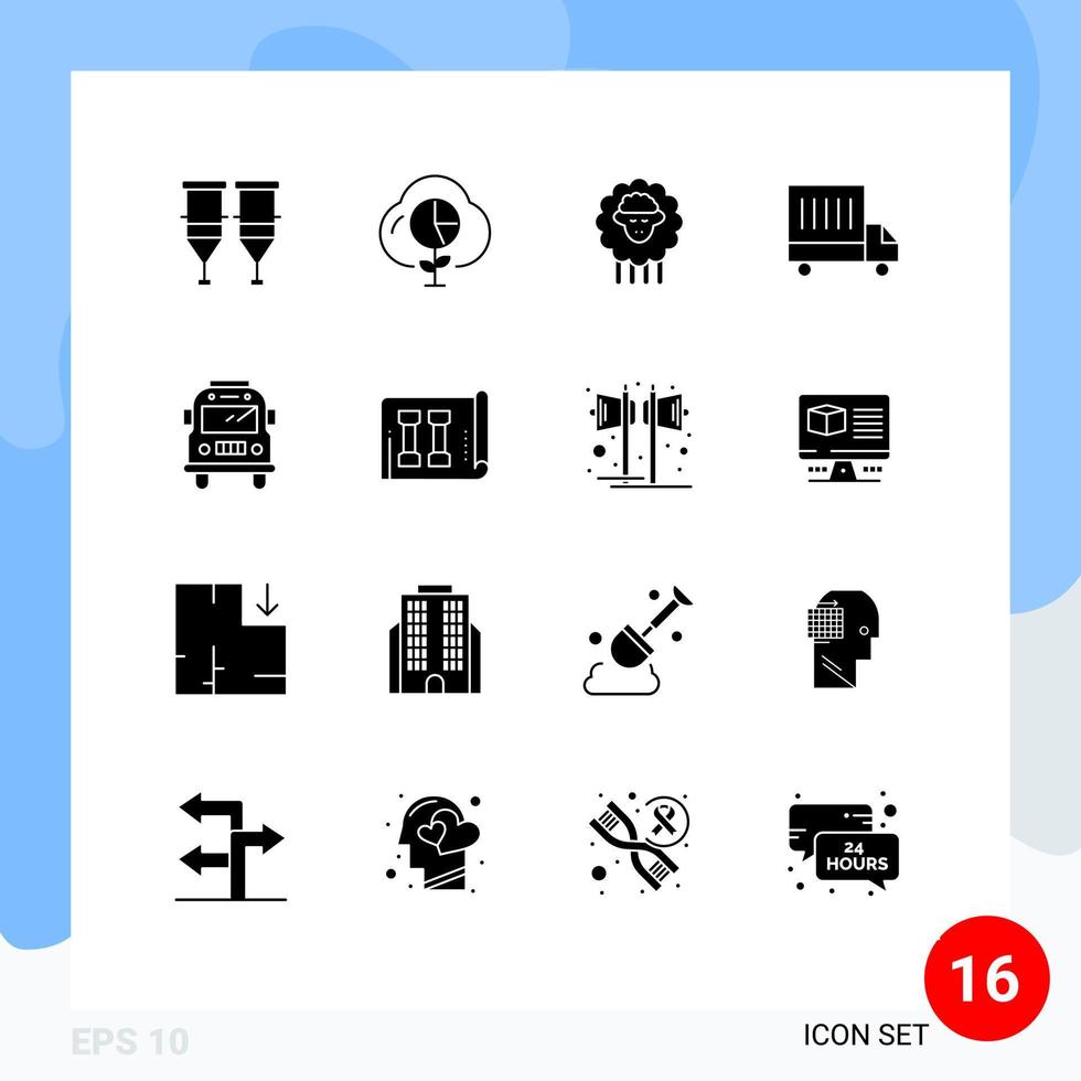 Modern Set of 16 Solid Glyphs Pictograph of bus truck graph delivery sheep Editable Vector Design Elements