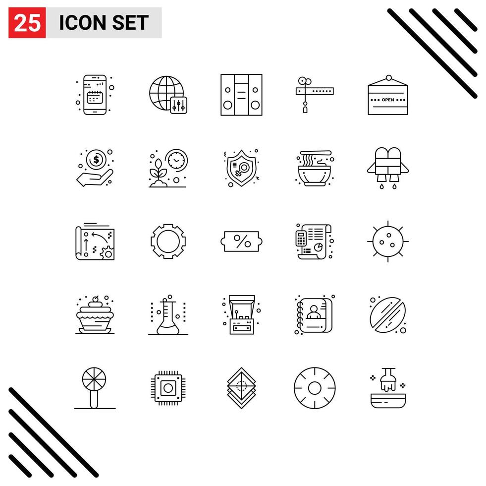 User Interface Pack of 25 Basic Lines of open and boom box flag cut Editable Vector Design Elements