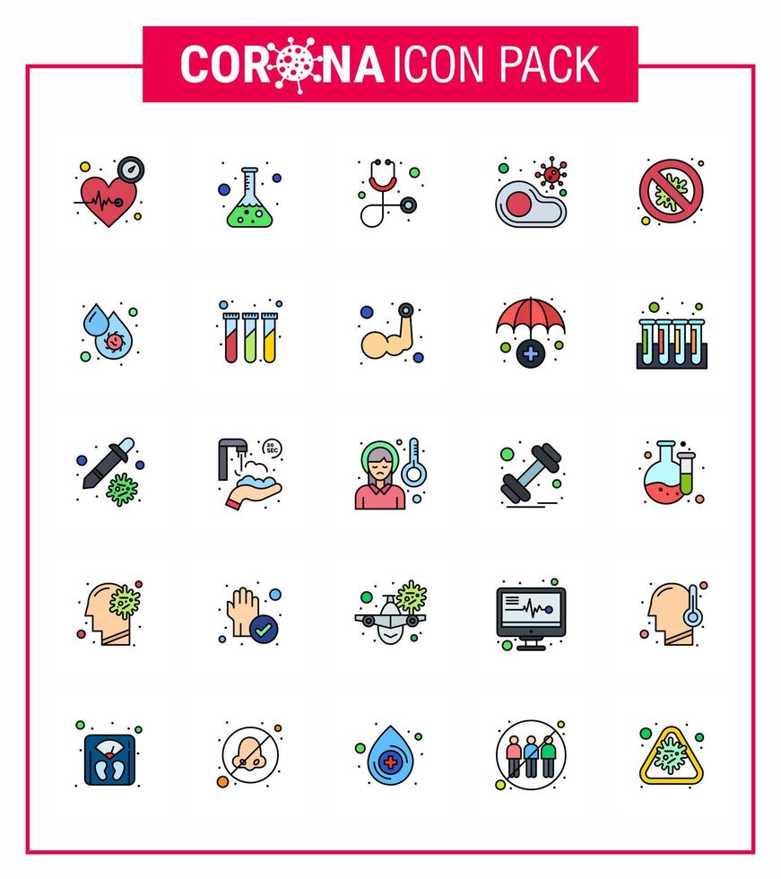 icono de consejos de precaución de coronavirus para la presentación de pautas de atención médica 25 paquete de iconos de línea llena de color plano, como bistec sin carne de prueba infectada coronavirus viral 2019nov elemento de diseño de vector de enfermedad