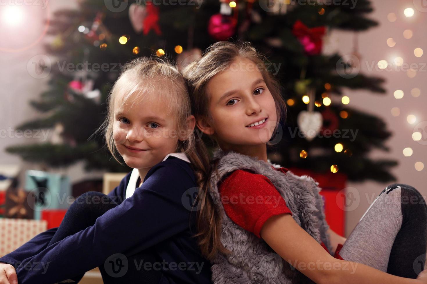Happy children posing in front of Christmas tree photo