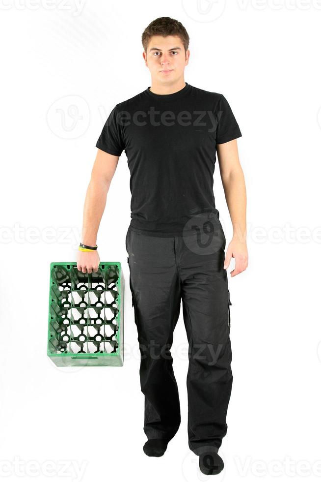 man in black with beer plastic box photo