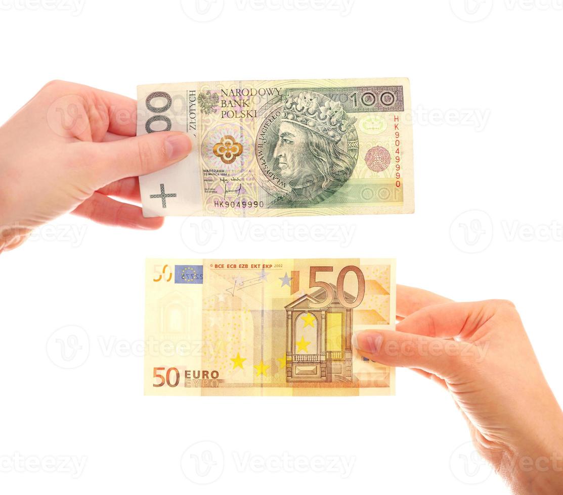 Different currencies on white background photo